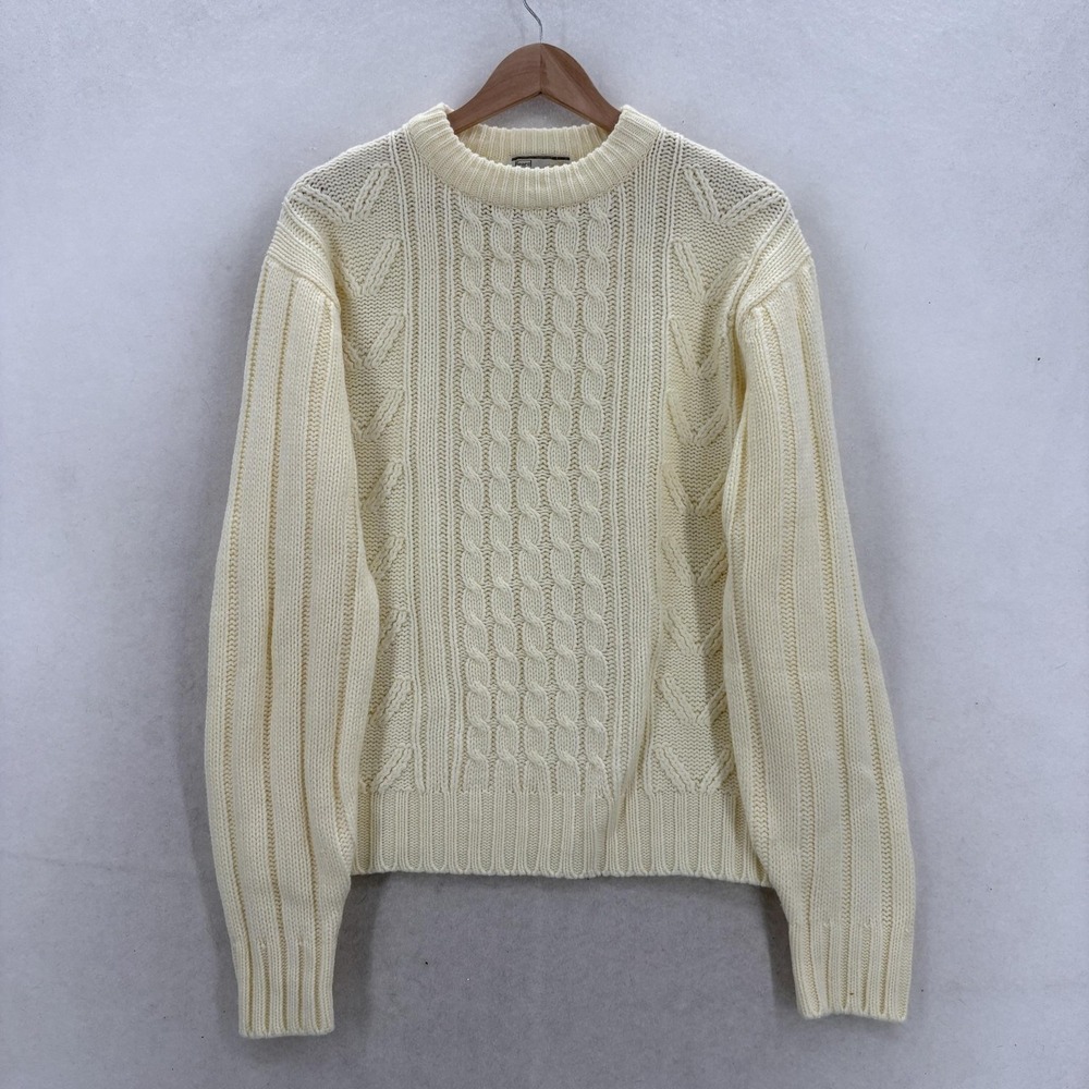 Vintage Sears Sweater Mens Large White Acrylic Cable Knit Pullover Chunky Warm